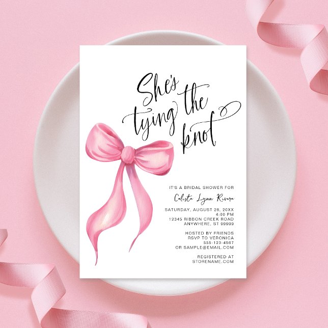 She's Tying the Knot Pink Bow Bridal Shower Invitation (Shown on a 5" x 7" invitation)