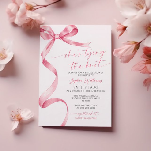 She's Tying the Knot Pink Bow Bridal Shower Invitation (Creator Uploaded)