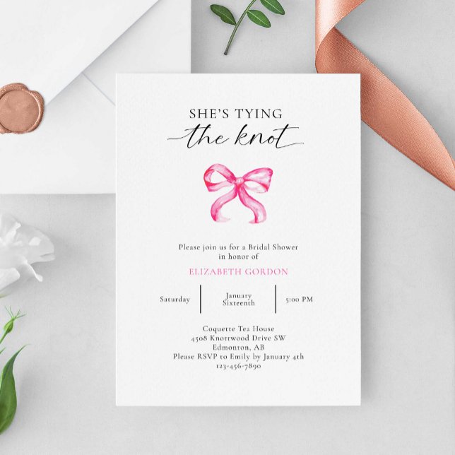 She's Tying the Knot Pink Bow Bridal Shower Invitation (Creator Uploaded)