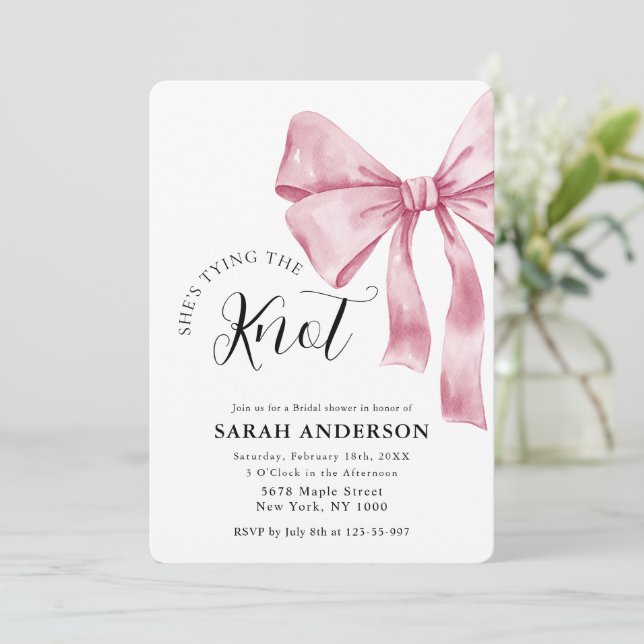 She's Tying the Knot pink bow Bridal Shower  Invitation (Standing Front)