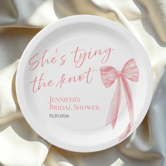 She's Tying the Knot | Pink Bow Bridal Shower Paper Plate (Creator Uploaded)