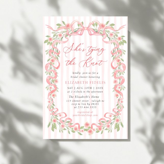 She's Tying the Knot Pink Bow Floral Bridal Shower Invitation (Creator Uploaded)