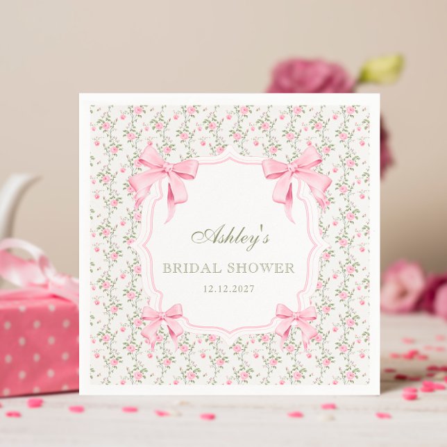 She's Tying the Knot Pink Bow Floral Bridal Shower Napkin (Creator Uploaded)