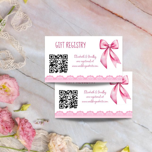 She's tying the knot pink bow gift registry enclosure card (She's tying the knot pink bow gift registry enclosure card qr gift registry)