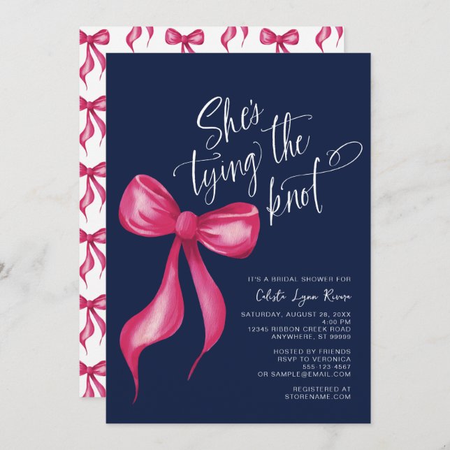 She's Tying the Knot Pink Navy Bridal Shower Invitation (Front/Back)