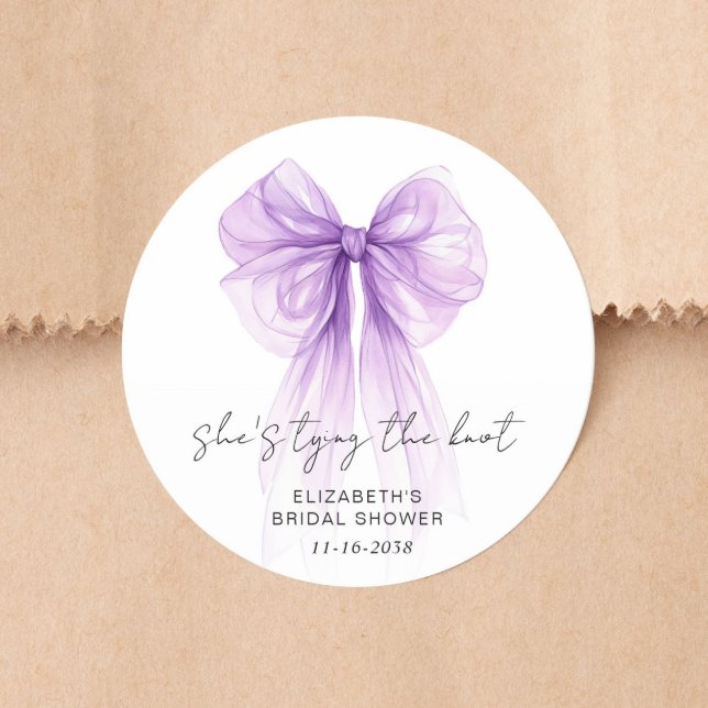 She's Tying The Knot Purple Bow Bridal Shower Classic Round Sticker (She's Tying The Knot Purple Bow Bridal Shower Classic Round Sticker)