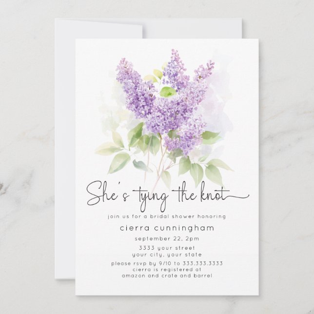 She's Tying the Knot Purple Floral Bridal Shower Invitation (Front)