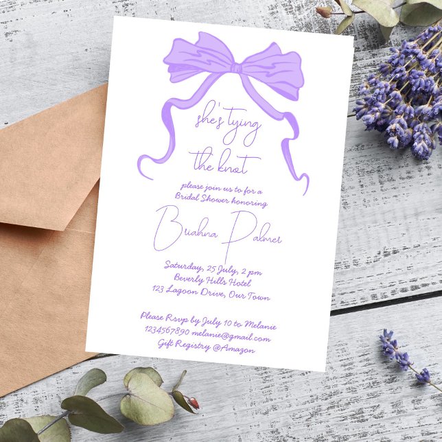 She's tying the knot purple ribbon bow invitation (She's tying the knot purple ribbon handrawn scribble bow bridal shower invitation template)