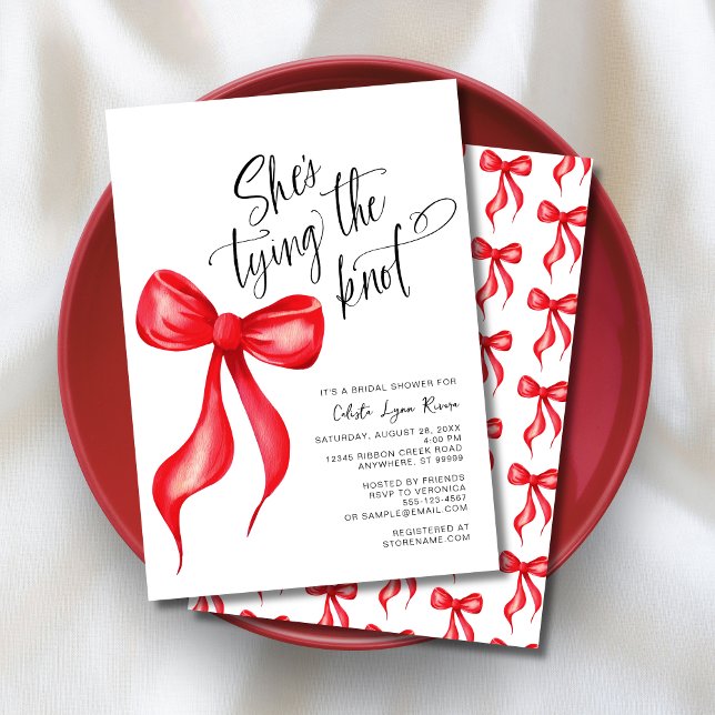 She's Tying the Knot Red Bow Bridal Shower Invitation (Shown on a 5" x 7" invitation)