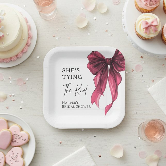 She's Tying The Knot Red Bow Bridal Shower Paper Plate (Creator Uploaded)