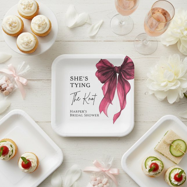 She's Tying The Knot Red Bow Bridal Shower Paper Plate (Creator Uploaded)