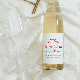 She's Tying The Knot Red Elegant Hand Drawn Bow Wine Label