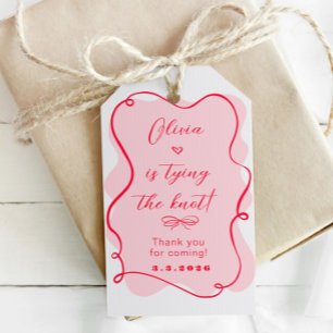 She's tying the knot retro pink and red thank you gift tags
