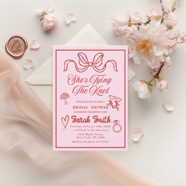 She's Tying the Knot retro pink Whimsical Bridal Invitation (Creator Uploaded)