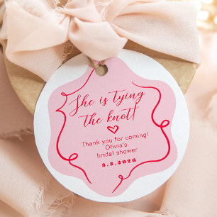 She's tying the knot retro wavy pink and red favour tags