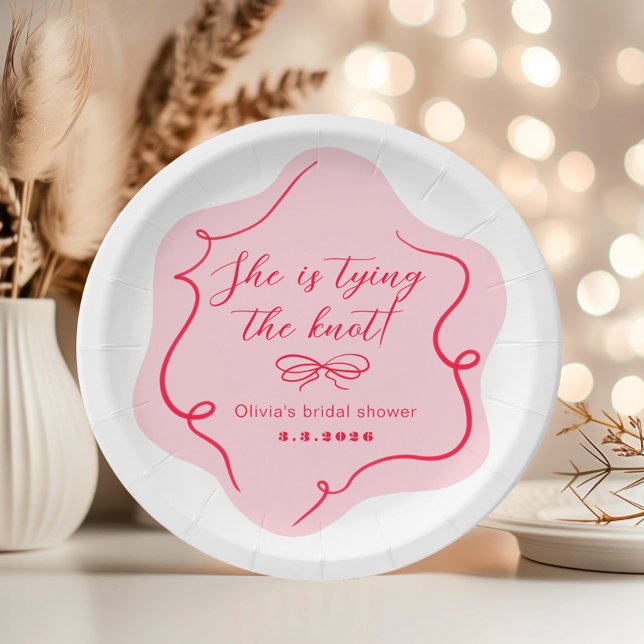 She's tying the knot retro wavy pink red paper plate (Creator Uploaded)