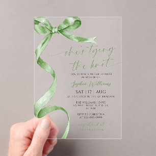 She's Tying the Knot Sage Green Bow Bridal Shower Acrylic Invitations