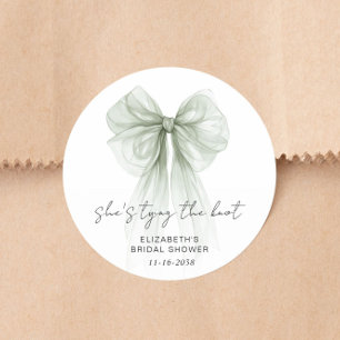 She's Tying The Knot Sage Green Bow Bridal Shower Classic Round Sticker