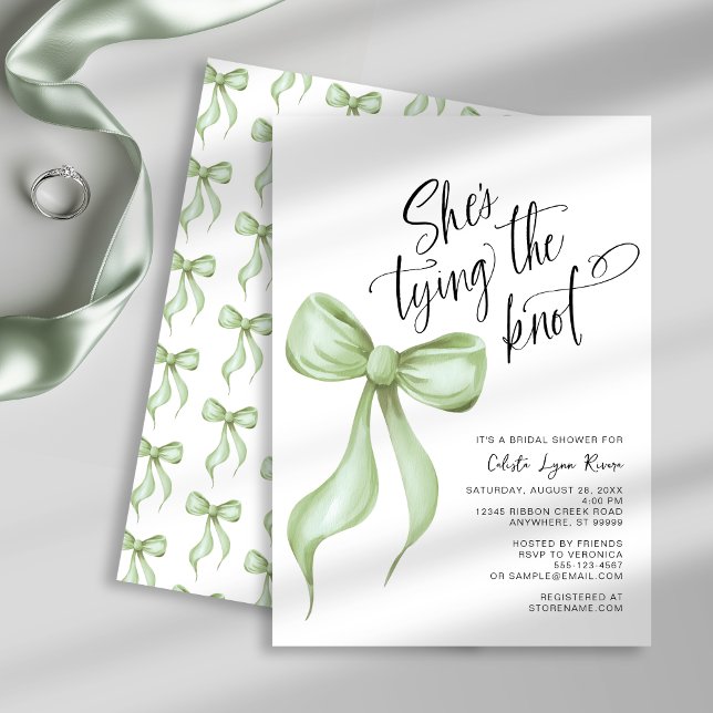 She's Tying the Knot Sage Green Bow Bridal Shower Invitation (Shown on a 5" x 7" card)