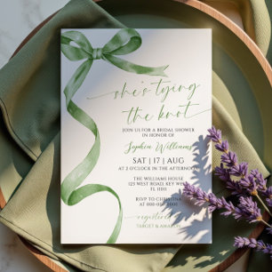 She's Tying the Knot Sage Green Bow Bridal Shower Invitation