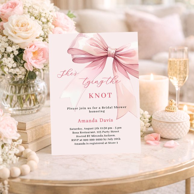 She's tying the knot soft pink bow Bridal Shower Invitation (Creator Uploaded)