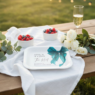 She's Tying The Knot Turquoise Bow Bridal Shower Paper Plate