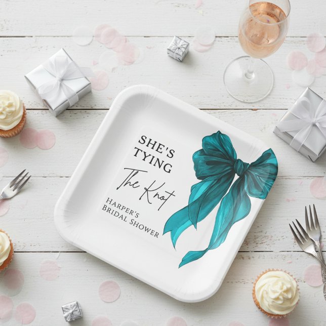 She's Tying The Knot Turquoise Bow Bridal Shower Paper Plate (Creator Uploaded)