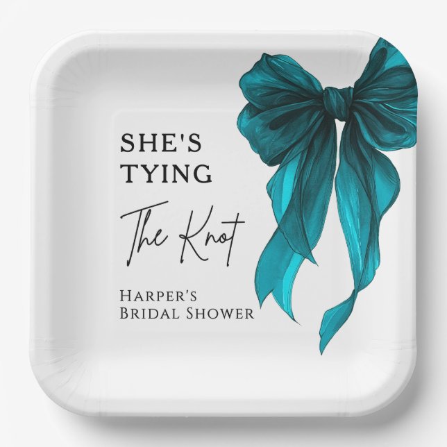 She's Tying The Knot Turquoise Bow Bridal Shower Paper Plate (Front)