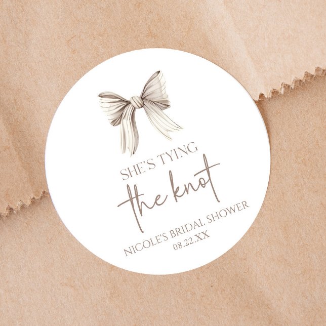 She's Tying The Knot White Bow Bridal Shower Classic Round Sticker (Creator Uploaded)