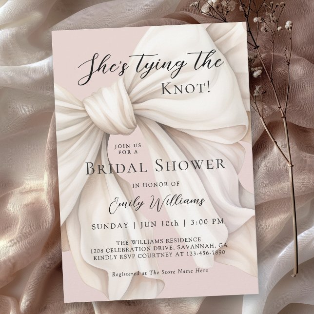 She's Tying the Knot White Bow Bridal Shower Invitation (Available in both printed and instant download digital formats.)