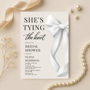 She's Tying The Knot White Ivory Bow Bridal Shower Invitation