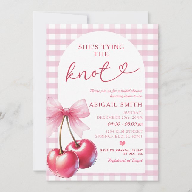 She's Tying The know Cherry Bridal Shower with Bow Invitation (Front)