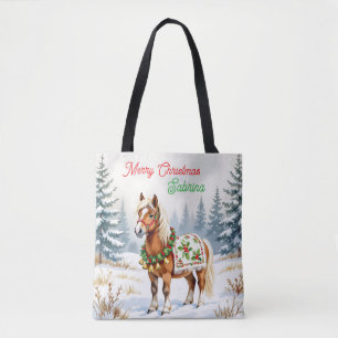 Shetland Pony and Holly Christmas Personalised Tote Bag