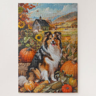 Shetland Sheepdog Autumn Harvest Thanksgiving Jigsaw Puzzle