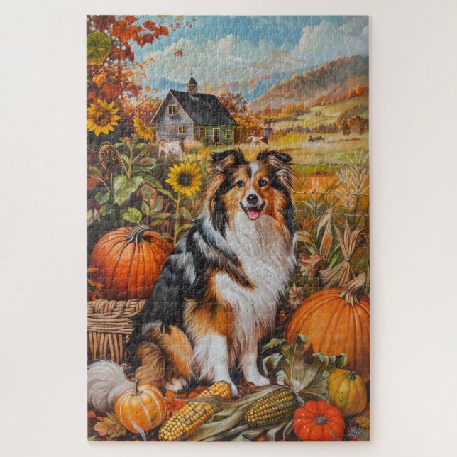 Shetland Sheepdog Autumn Harvest Thanksgiving Jigsaw Puzzle (Vertical)