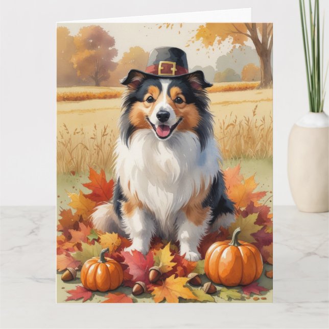 Shetland Sheepdog Autumn Leaves Thanksgiving Art Card (Front)