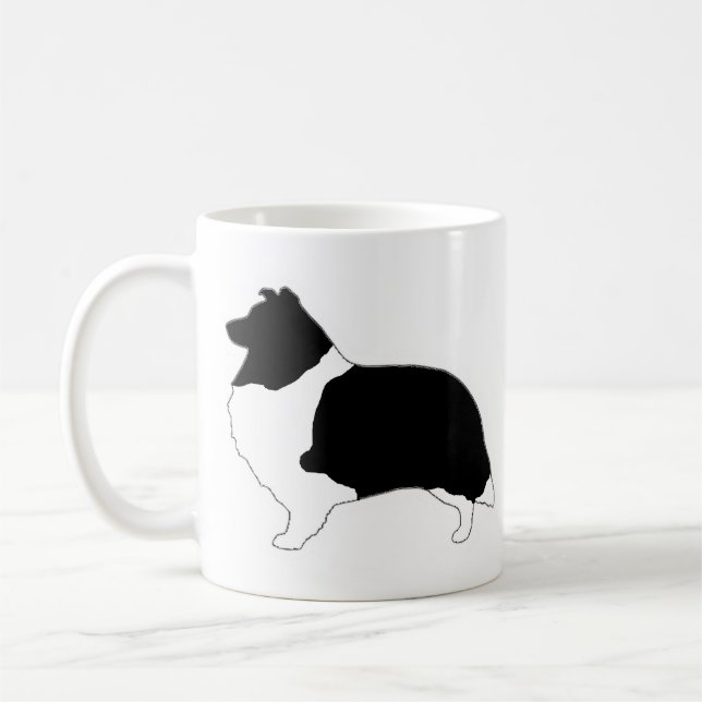 Shetland Sheepdog Black and White SIlhouette Coffee Mug (Left)