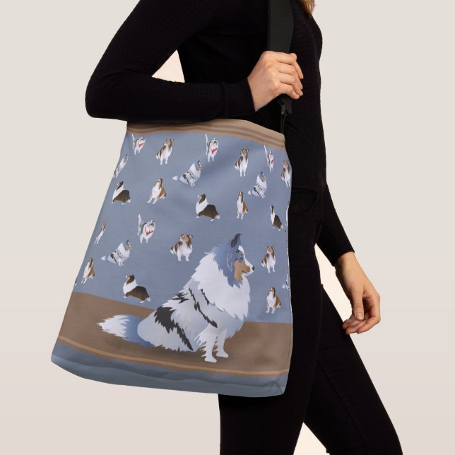 Shetland Sheepdog: Blue Merle Sheltie on Grey Crossbody Bag (Close Up)