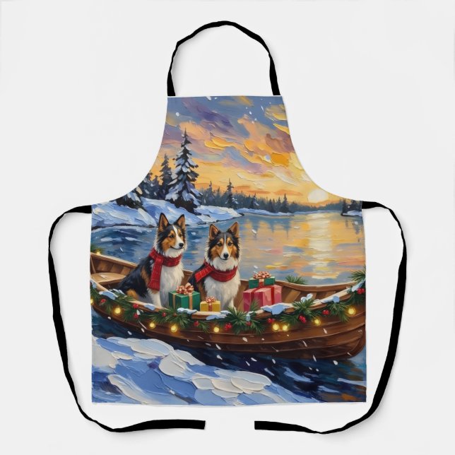 Shetland Sheepdog Christmas Boat Holiday Apron (Front)