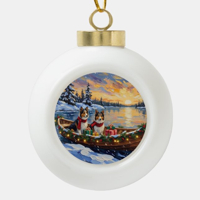Shetland Sheepdog Christmas Boat Holiday Ceramic Ball Christmas Ornament (Front)