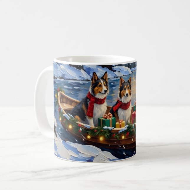 Shetland Sheepdog Christmas Boat Holiday Coffee Mug (Front Left)