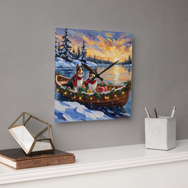 Shetland Sheepdog Christmas Boat Holiday Square Wall Clock (Office)
