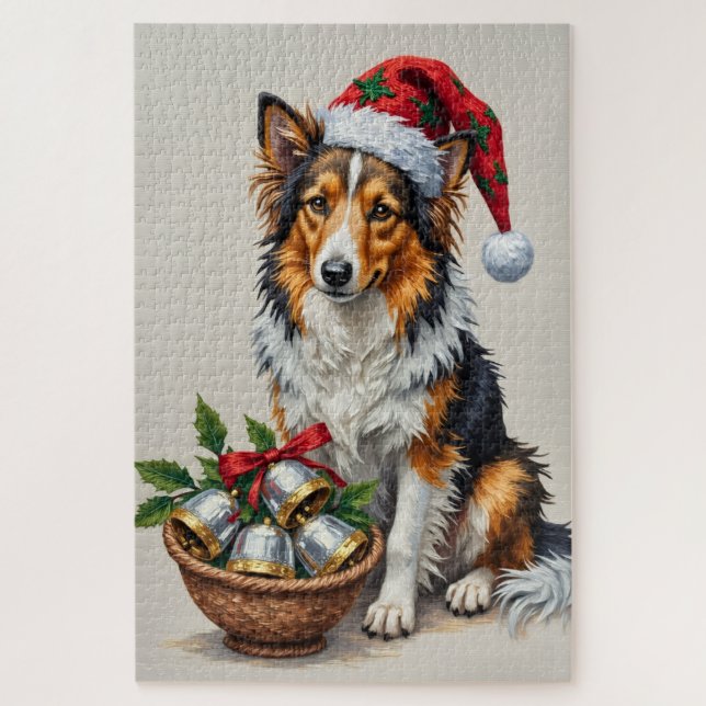 Shetland Sheepdog Christmas Cross-Stitch Hat Jigsaw Puzzle (Vertical)