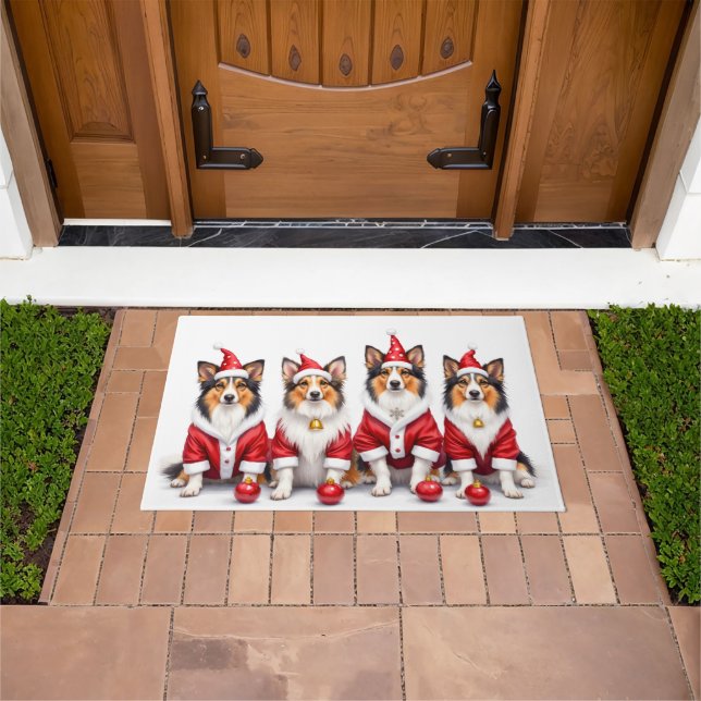 Shetland Sheepdog Christmas Dress Santa Hat Doormat (Outdoor)