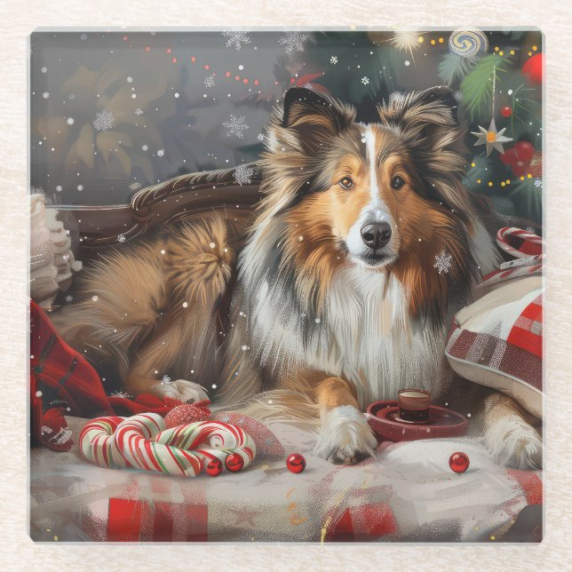 Shetland Sheepdog Christmas Festive Glass Coaster (Front)