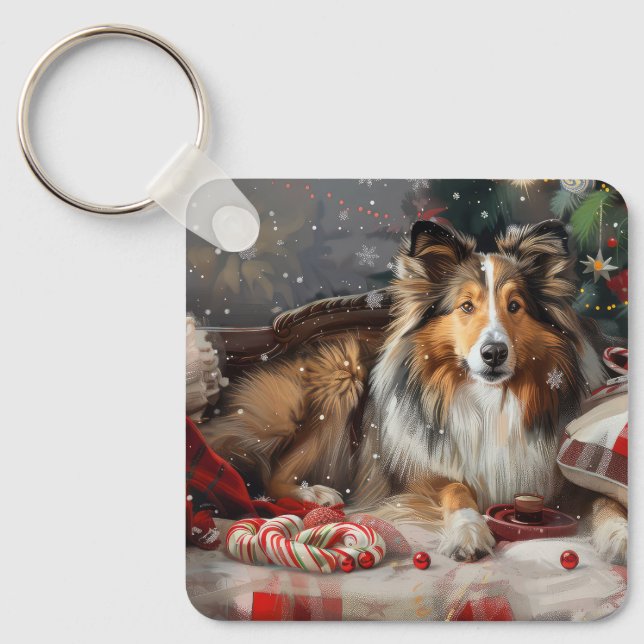 Shetland Sheepdog Christmas Festive Key Ring (Front)