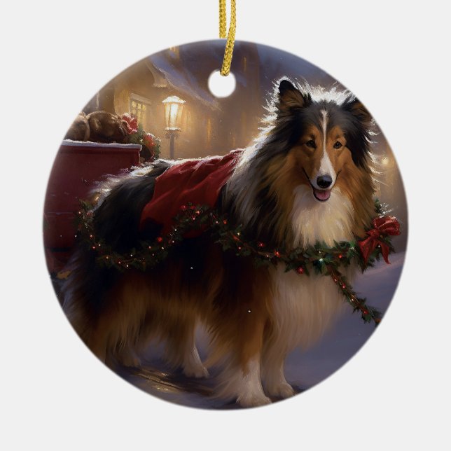 Shetland Sheepdog Christmas Festive Season  Ceramic Ornament (Front)