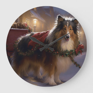 Shetland Sheepdog Christmas Festive Season  Large Clock