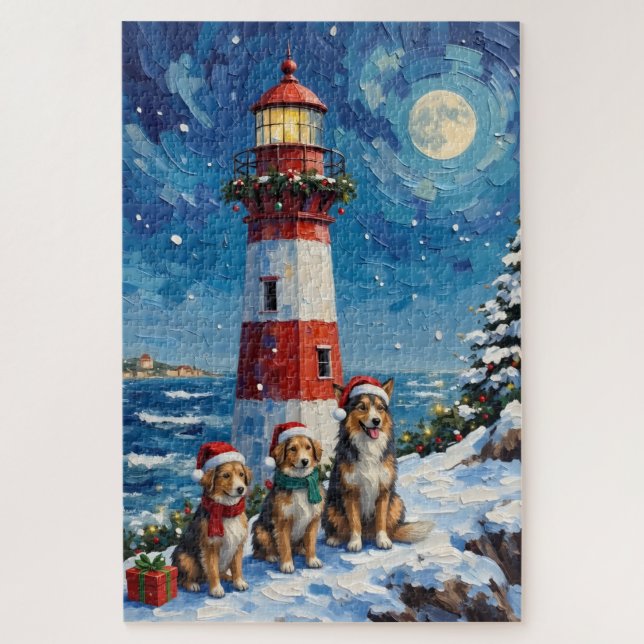 Shetland Sheepdog Christmas Lighthouse Holiday Jigsaw Puzzle (Vertical)