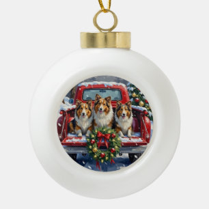 Shetland Sheepdog Christmas Red Truck Holiday Ceramic Ball Christmas Ornament